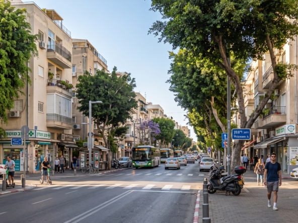 מבט חזיתי אל רחוב ויצמן בתל אביב המציג שדרה עירונית עם עצים, תנועת כלי רכב ומבני מגורים