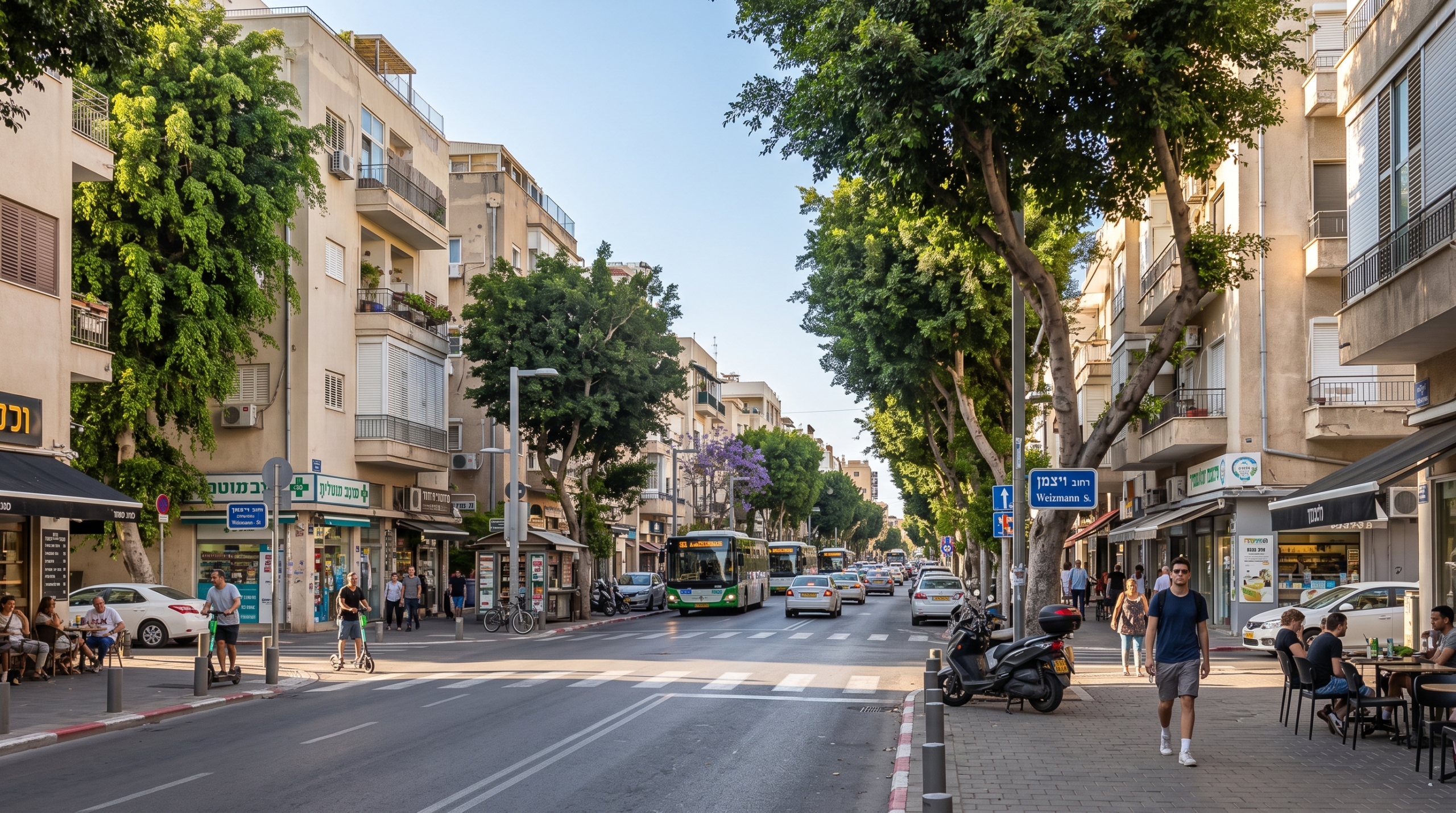 מבט חזיתי אל רחוב ויצמן בתל אביב המציג שדרה עירונית עם עצים, תנועת כלי רכב ומבני מגורים