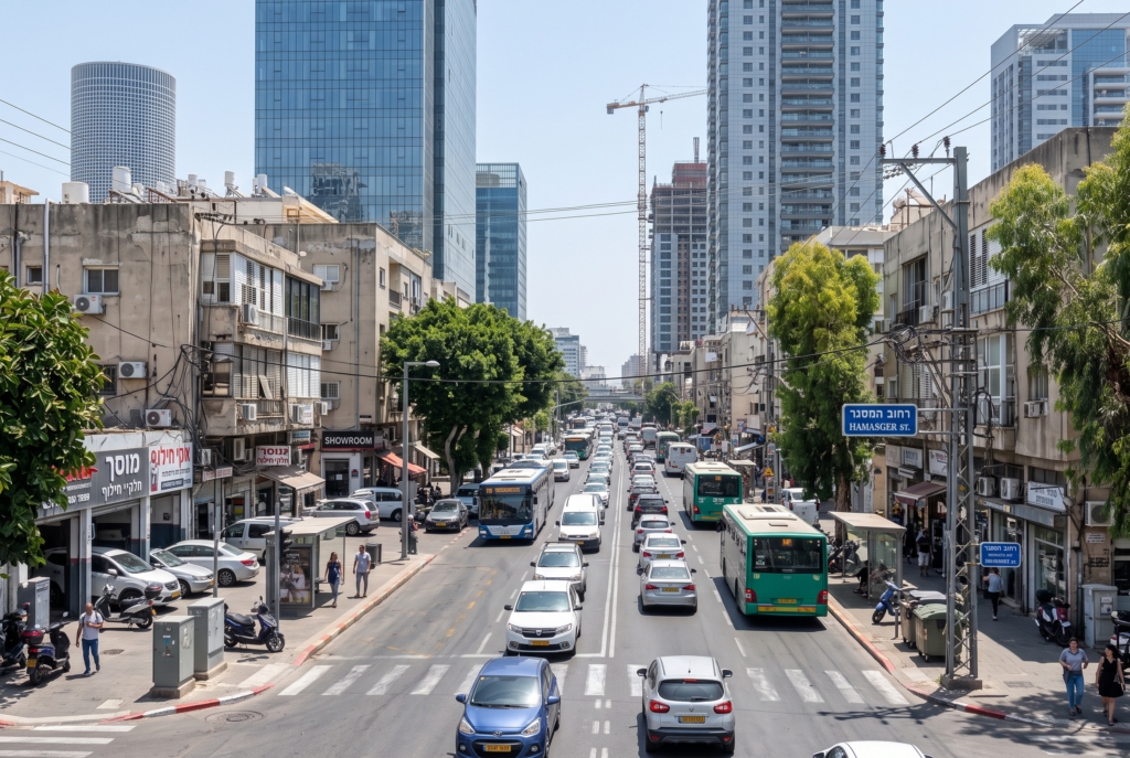 מבט רחוב על המסגר בתל אביב, המציג את המעבר ממבני תעשייה למגדלי עירוב שימושים מודרניים.