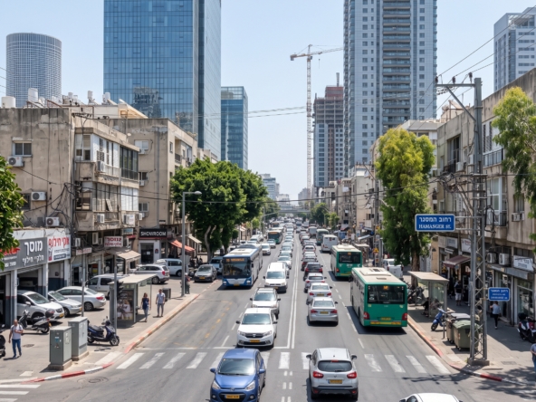 מבט רחוב על המסגר בתל אביב, המציג את המעבר ממבני תעשייה למגדלי עירוב שימושים מודרניים.