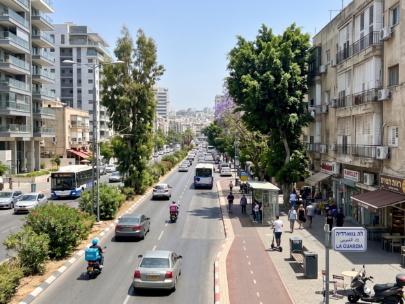 Street view of La Guardia Street in Tel Aviv featuring residential buildings and urban infrastructure.