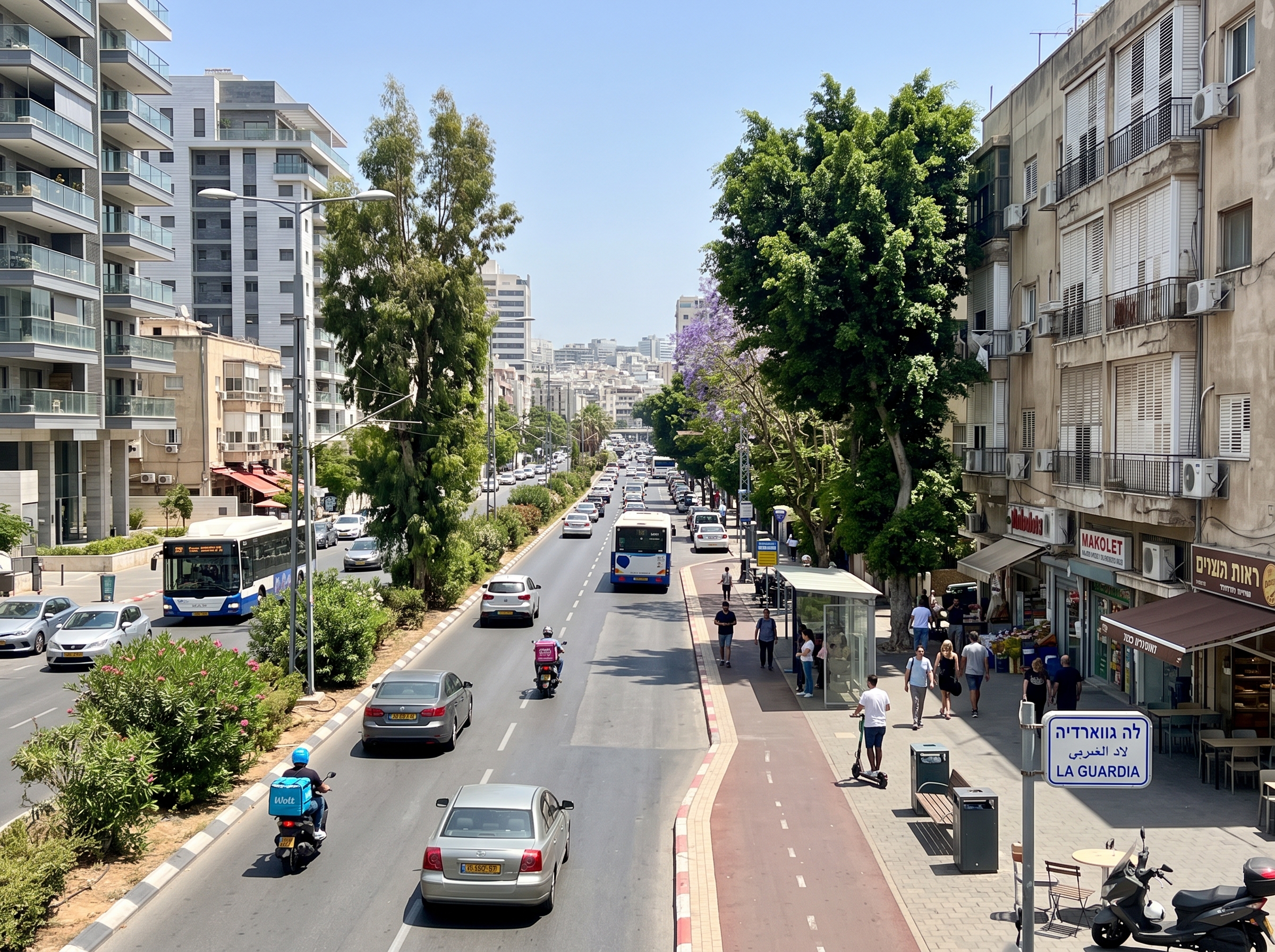 מבט רחוב על ציר לה גוורדיה בתל אביב הכולל בנייני מגורים ותשתיות עירוניות.