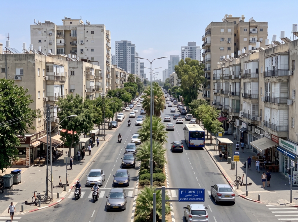 מבט רחוב על דרך משה דיין בתל אביב המציג את הבנייה המקומית, תנועת הולכי הרגל וסביבה עירונית מתפתחת.