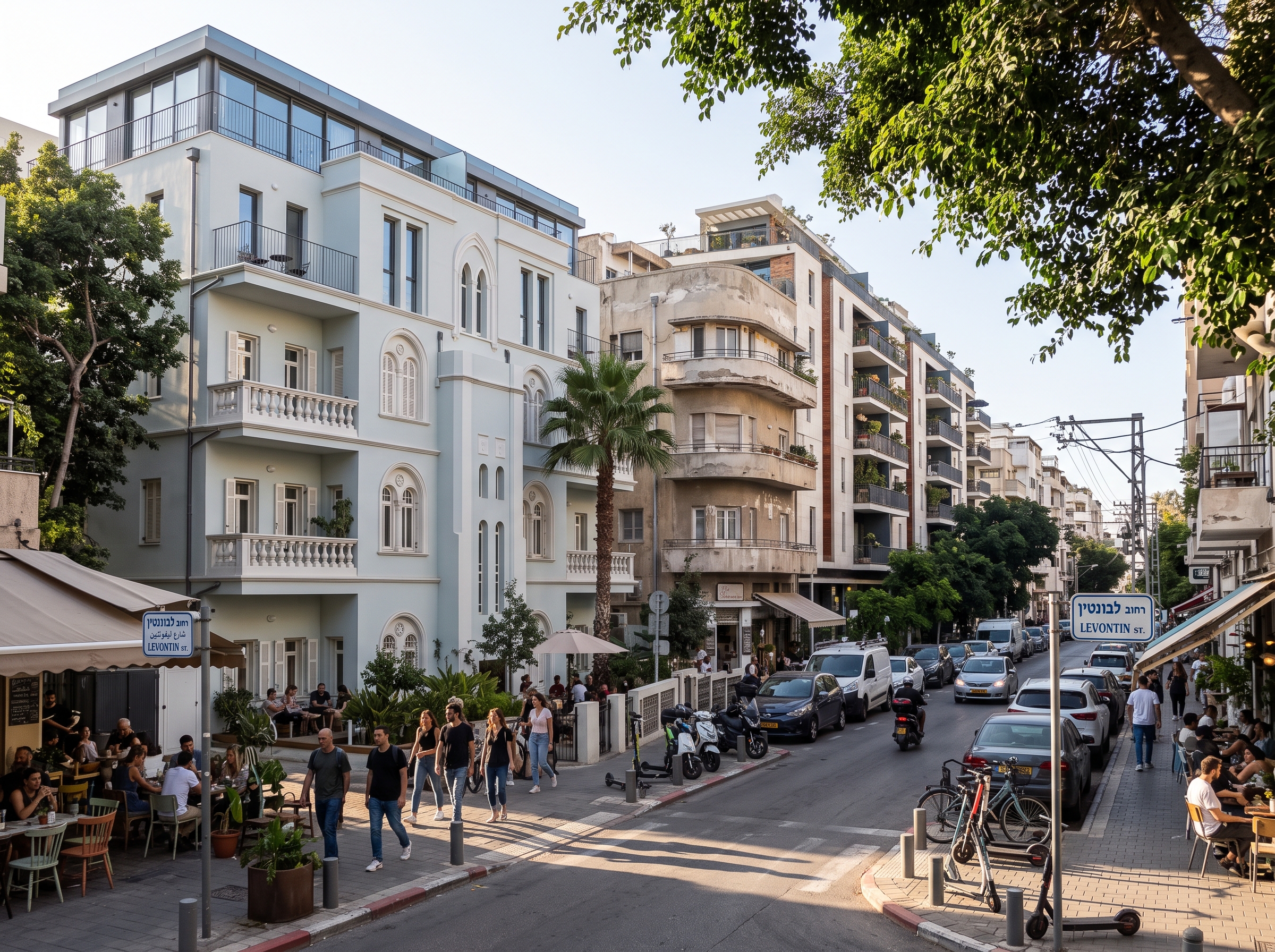 Street view of Levontin Street in Tel Aviv featuring preserved historic architecture, shaded sidewalks, and local storefronts.