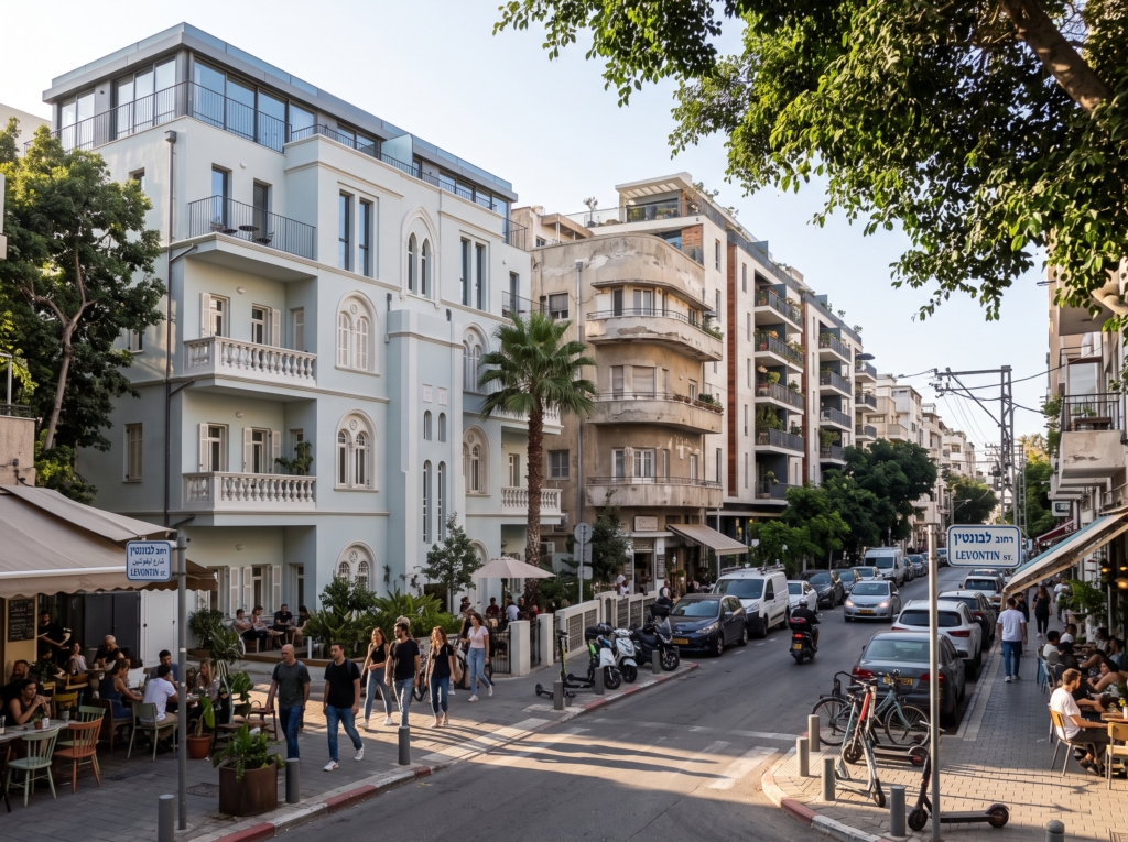 מבט רחוב על לבונטין בתל אביב המציג אדריכלות היסטורית משומרת לצד מדרכות מוצלות וחלונות ראווה.