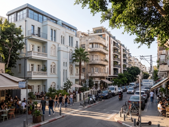 מבט רחוב על לבונטין בתל אביב המציג אדריכלות היסטורית משומרת לצד מדרכות מוצלות וחלונות ראווה.