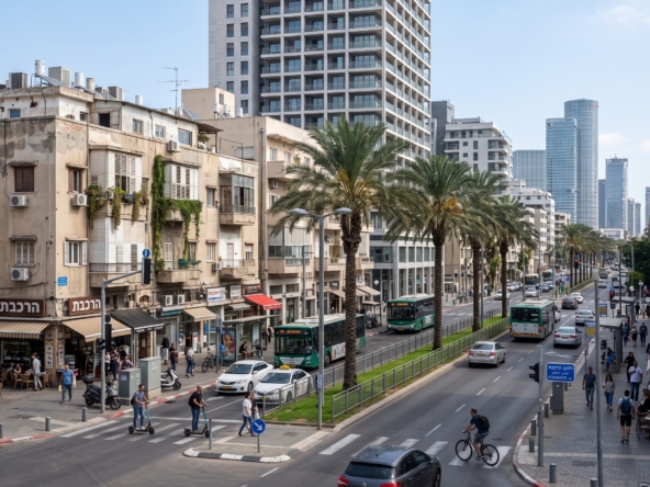 תמונת רחוב של רחוב הרכבת בתל אביב המציגה ארכיטקטורה מקומית, פיתוח תשתיות מודרני והתחדשות עירונית.