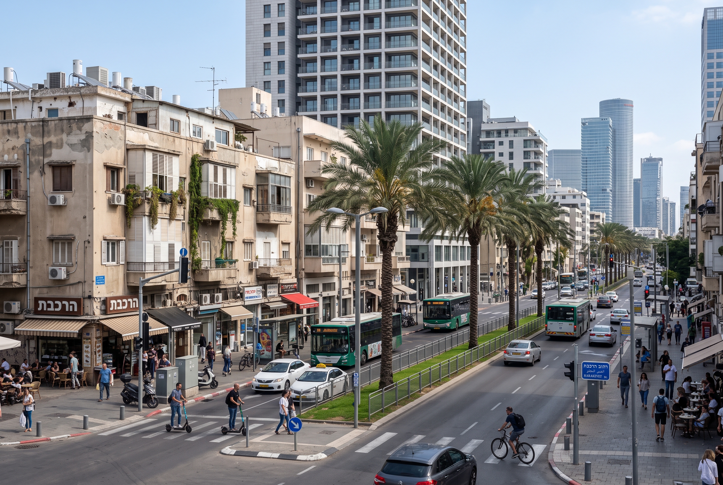תמונת רחוב של רחוב הרכבת בתל אביב המציגה ארכיטקטורה מקומית, פיתוח תשתיות מודרני והתחדשות עירונית.