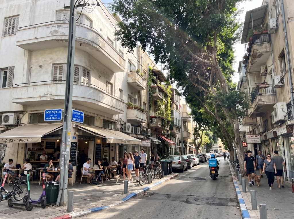 Street view of Mikveh Israel Street featuring restored historic buildings and urban tree-lined sidewalks.