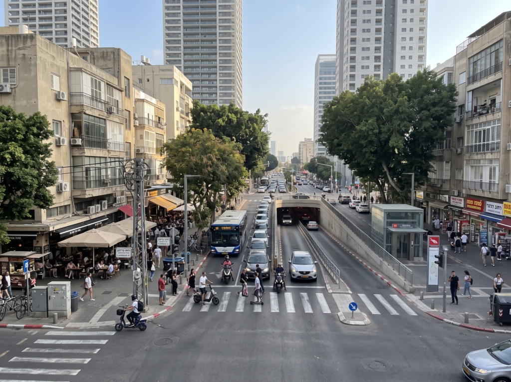 A street-level view of Carlebach Street in Tel Aviv, showcasing mixed-use residential buildings, wide pedestrian walkways, and the entrance to the local light rail station.