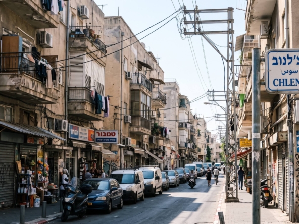מבט רחוב על צ'לנוב בתל אביב המציג שילוב של בנייה היסטורית לצד פרויקטים חדשים למגורים.